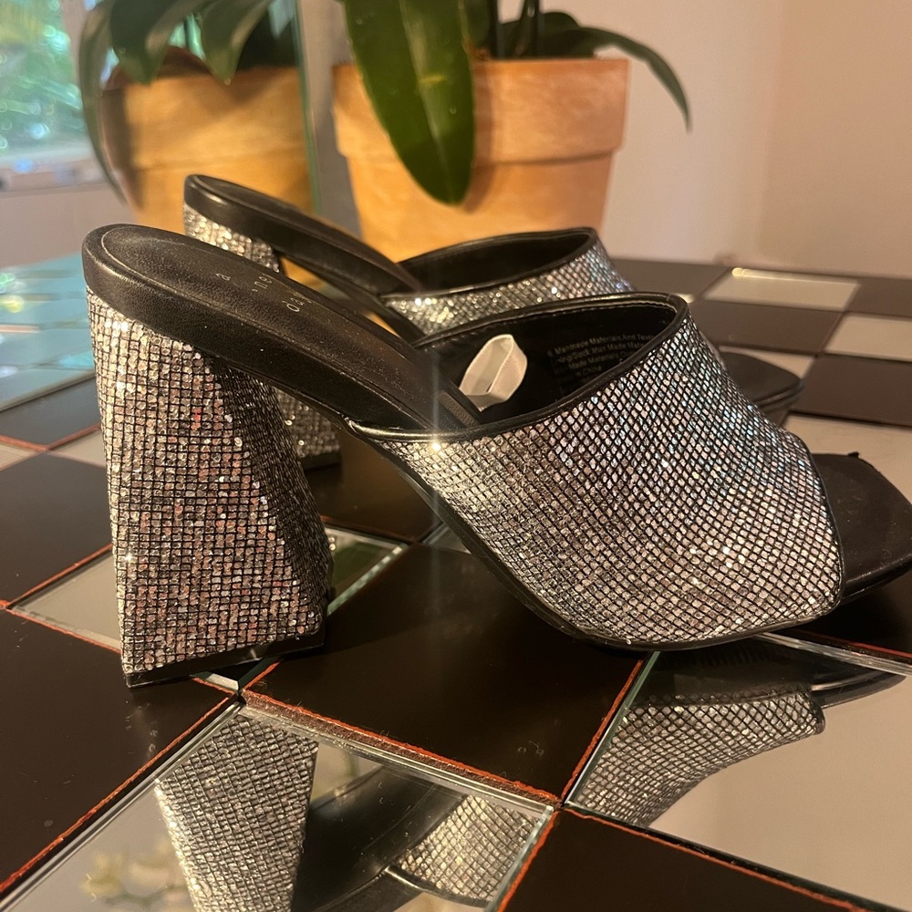 A NEW DAY black and silver rhinestone studded block heel- size 6